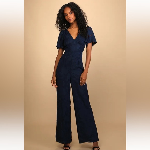 Lulus Dresses & Skirts - Lulus Navy Blue Floral Burnout Flutter Sleeve Jumpsuit-S